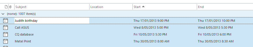 Outlook calendar in list view